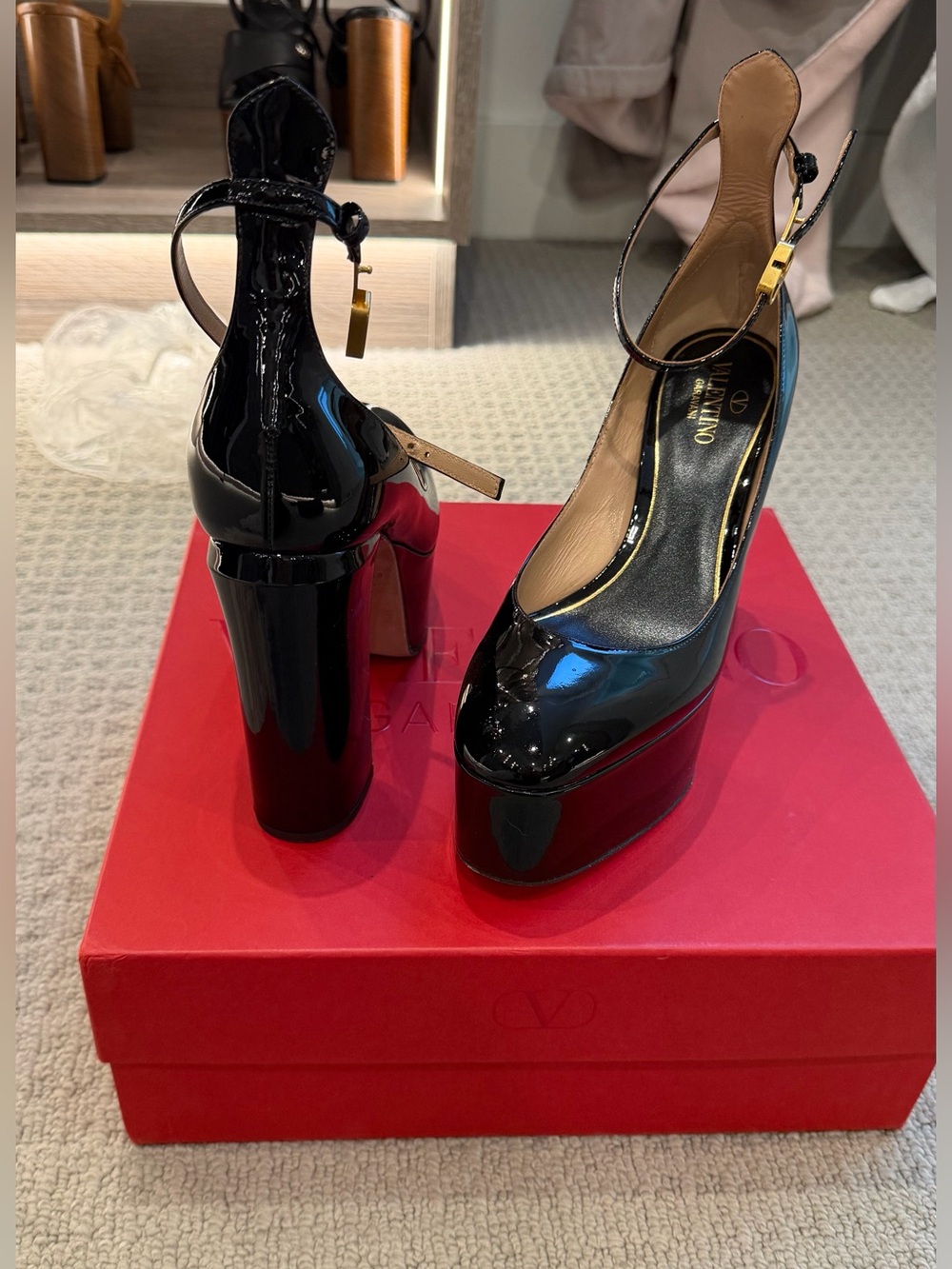 Valentino Garavani Black Patent Platform Ankle-Strap Pumps with Gold Accent